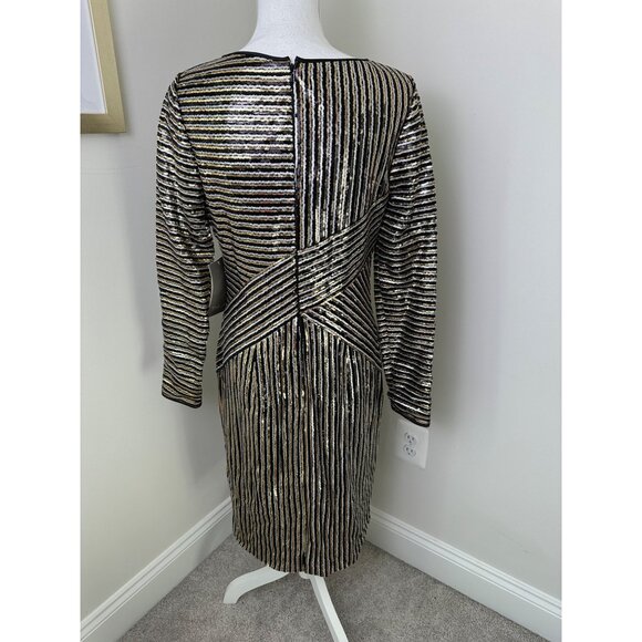 THEIA New Sz 8 Black & Gold Striped Sequin LS Evening Cocktail Dress $495 - Picture 3 of 16